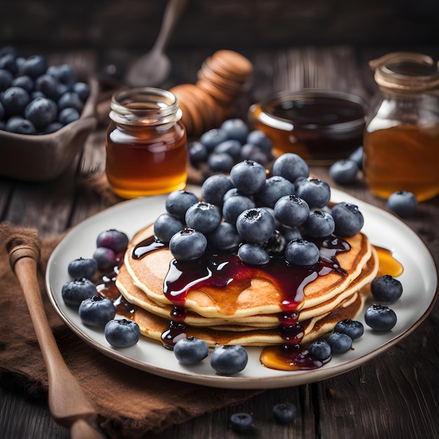 Sabrosa pila de panqueques con frutas frescas de arándanos y miel sobre fondo de mesa de madera