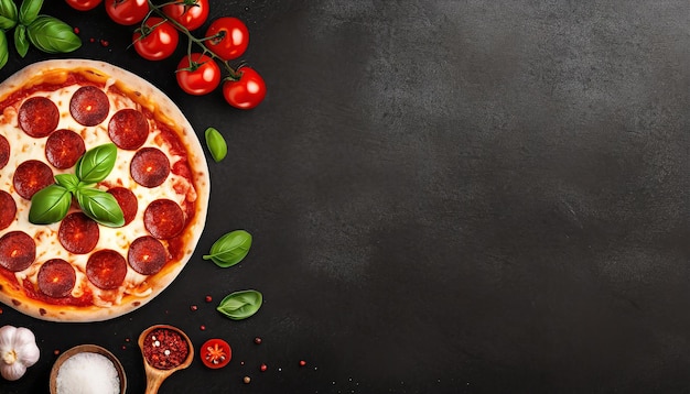 Sabrosa pizza de pepperoni e ingredientes para cocinar tomates albahaca sobre fondo de hormigón negro