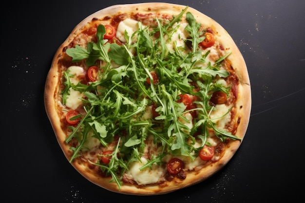 Sabrosa pizza con verduras y ensalada de rúcula en la mesa Nutrición casera horneada con corteza Generar Ai