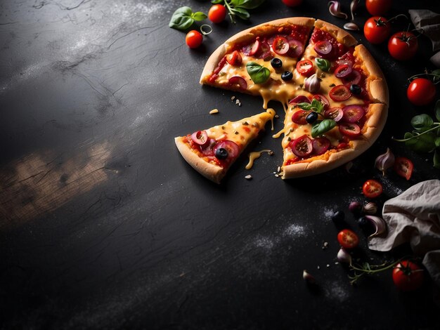 Foto sabrosa rebanada de pizza con tomates y decoración vegetal sobre fondo de madera negra.