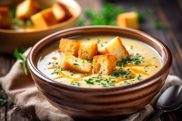 Sabrosa sopa de crema de calabaza con croutons y hierbas picantes Generada por IA