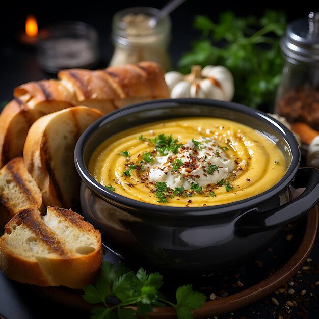 Sabrosa sopa de crema de calabaza con verduras en tazones