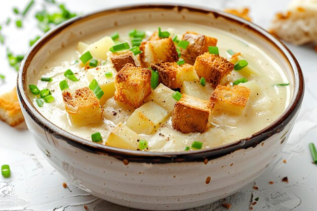Foto sabrosa sopa de patatas con croutons y cebolla verde en un cuenco