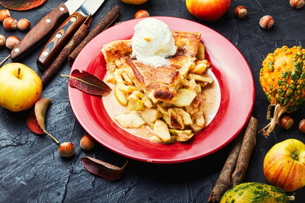 Sabrosa tarta de manzana en la placa.Pedazo de tarta de manzana con helado