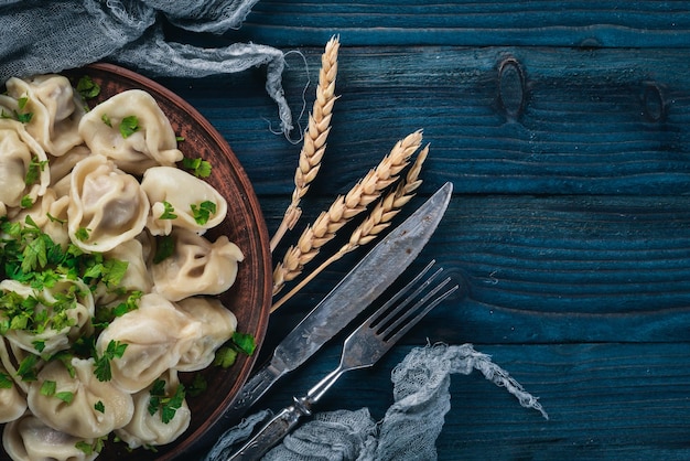 Sabrosas albóndigas de carne caseras de harina integral o pelmeni ruso espolvoreado con perejil fresco en un plato sobre una mesa de madera vista desde arriba