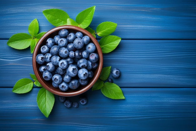 Sabrosas arándanos frescos con hojas verdes vista de arriba maduras jugosas vitaminas dieta saludable Generar Ai