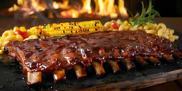 Foto sabrosas costillas de barbacoa con macarrones de maíz y queso por el concepto de fuego crujiente recetas de barbacoa platos sabrosos técnicas de parrilla comodidad comida cocina al aire libre