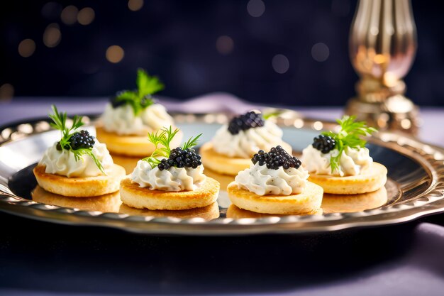 Sabrosas y deliciosas tortillas con caviar negro en un plato de lujo.