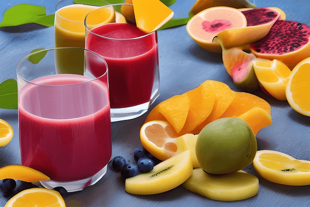 Foto sabrosas frutas y jugos con vitaminas bebida saludable generativa ai