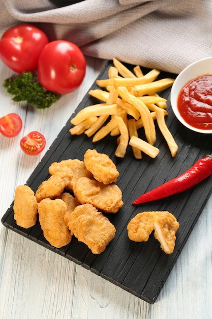 Sabrosas pepitas de papas fritas y tazón pequeño con salsa para pollo en tablero de madera