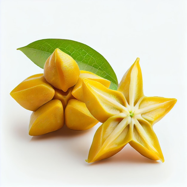 Sabrosas rodajas de carambola fresca sobre fondo blanco.