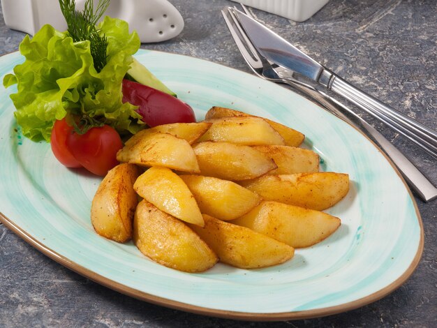 Foto sabrosas rodajas de patata frita con aderezo de verduras