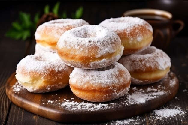 Sabrosas rosquillas de azúcar en polvo en la mesa