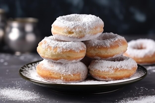 Sabrosas rosquillas de azúcar en polvo en la mesa