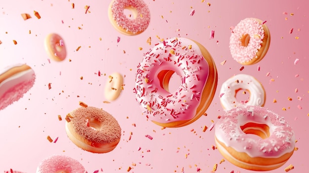 Sabrosas rosquillas coloridas y galletas dulces soplando en el aire sobre un fondo rosa