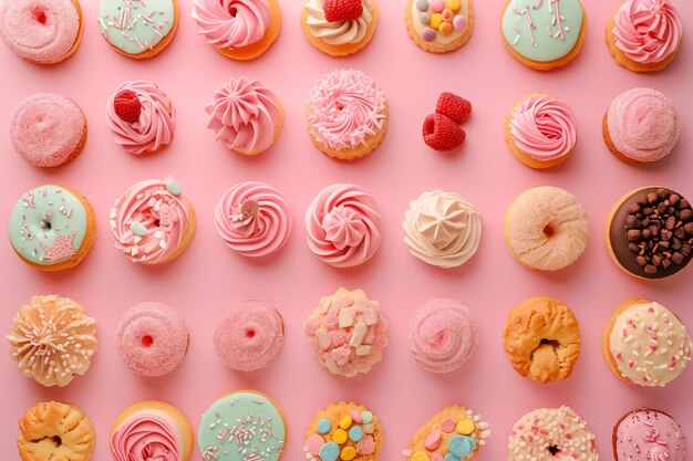 Sabrosas rosquillas coloridas y galletas dulces soplando en el aire sobre un fondo rosa