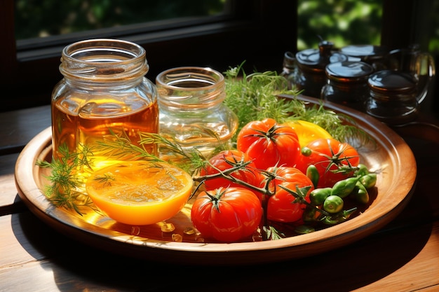 Sabrosas verduras en un plato de vidrio con una tabla de madera de tomate