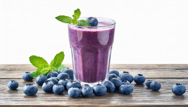 Sabroso batido de arándano en vaso aislado sobre fondo blanco Bebida deliciosa y saludable