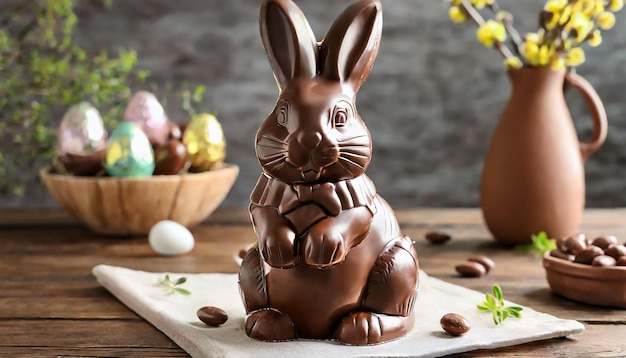 Foto el sabroso conejo de pascua de chocolate está en la mesa.