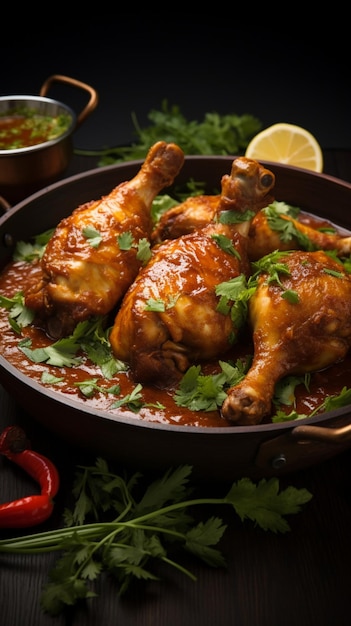 Sabroso conjunto de piernas Murg tangri masala, un pollo al curry tangdi con suculentos muslos verticales