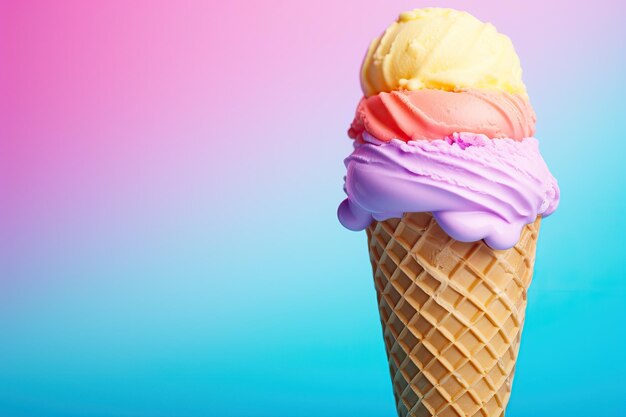 Foto sabroso cono de helado triple de fruta fresca sobre un espacio de copia de vista superior de fondo pastel multicolor