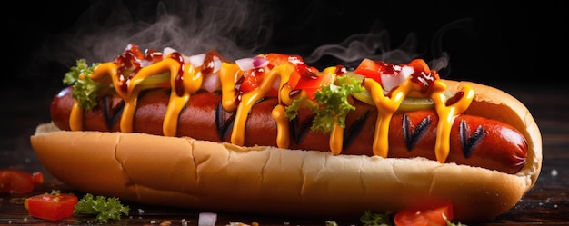 Foto sabroso y delicioso hot dog de cerca sobre un fondo oscuro ia generativa