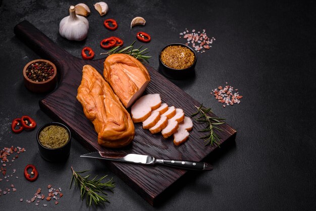 Sabroso filete ahumado de pechuga de pollo con especias y hierbas sobre una tabla para cortar madera