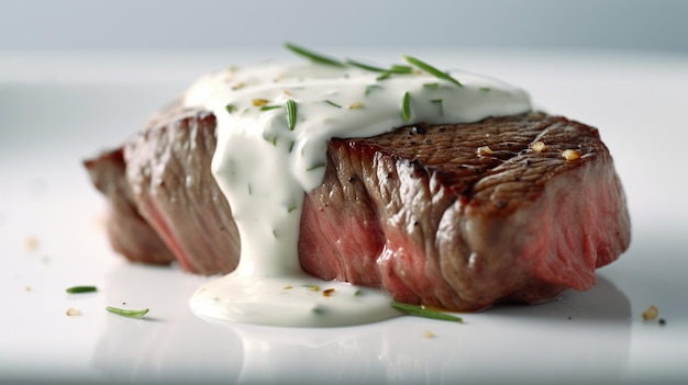 Sabroso filete de carne a la parrilla y espárragos con salsa de gorgonzola IA generativa