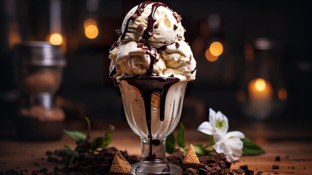 Foto sabroso helado de vainilla y chocolate sobre un fondo oscuro