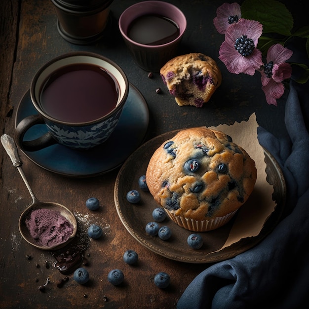 Sabroso muffin con café Ilustración Generativa AI