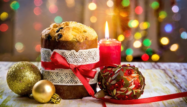 sabroso panettone navideño con cinta roja