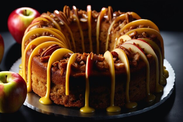 sabroso pastel de manzana sobre fondo negro tiro central del fotograma medio