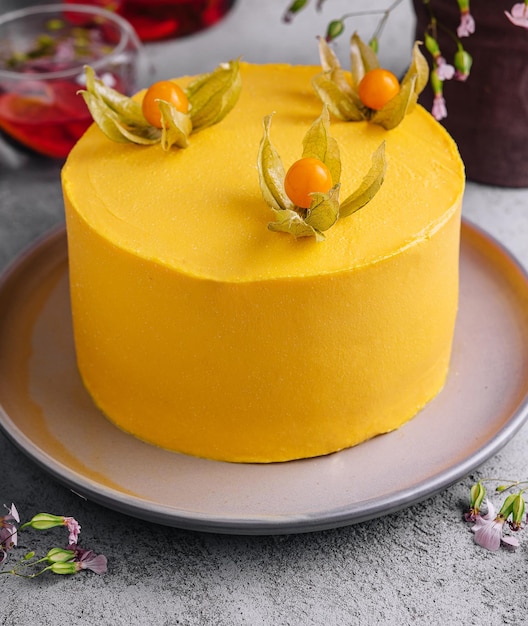 Sabroso pastel de mousse de mango en un plato