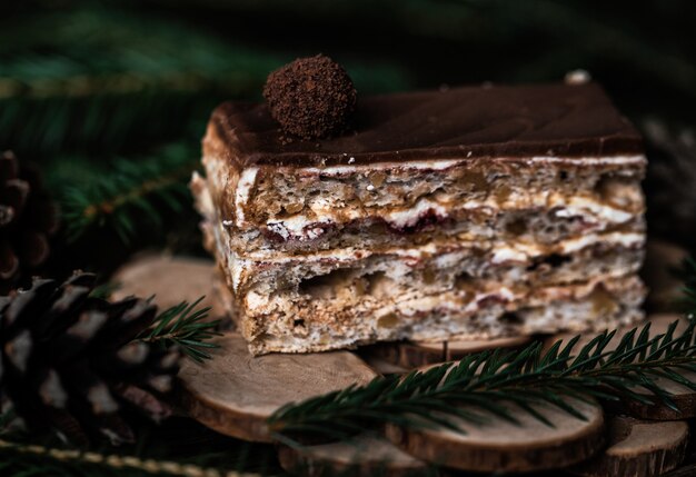 Sabroso pastel de Navidad sobre fondo de madera oscura con decoración de abeto.