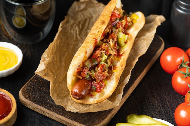 Sabroso perrito caliente con salsas de tomate cherry y cola sobre fondo negro