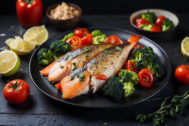 sabroso pescado cocido con verduras frescas