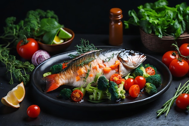 sabroso pescado cocido con verduras frescas