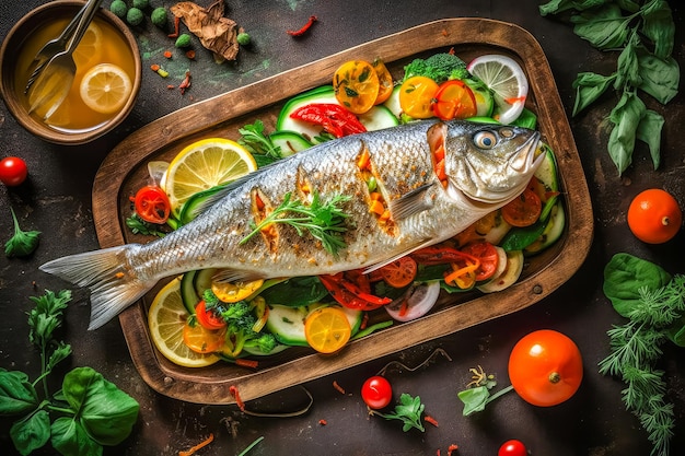 Sabroso pescado dorada a la parrilla con verduras y salsa sobre fondo de madera generado por Ai