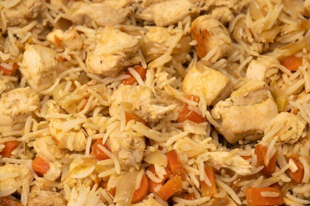 Sabroso pilaf con pollo como fondo