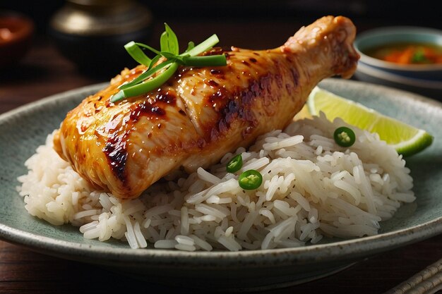 Foto un sabroso plato de arroz y pollo.