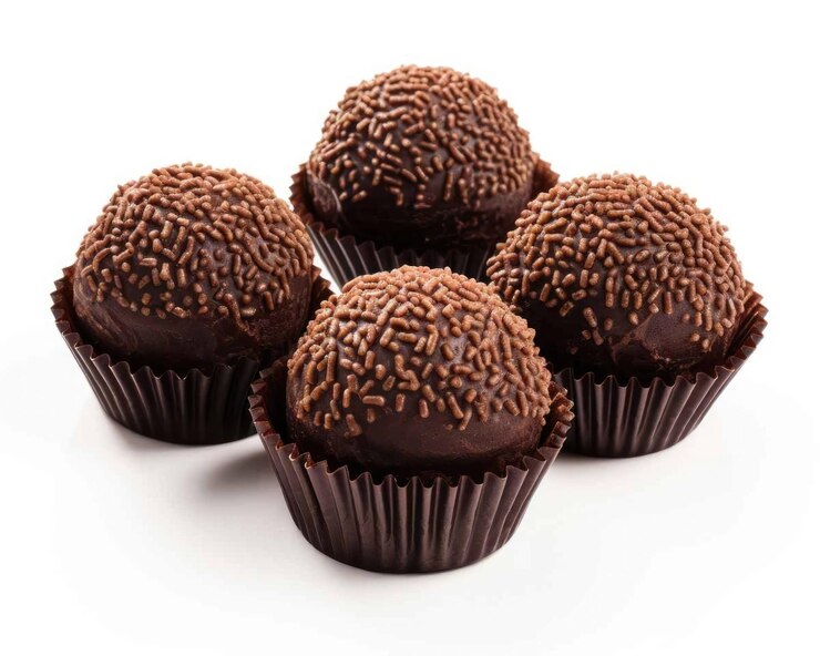Sabroso plato de comida brasileña Brigadeiro con fondo blanco aislado