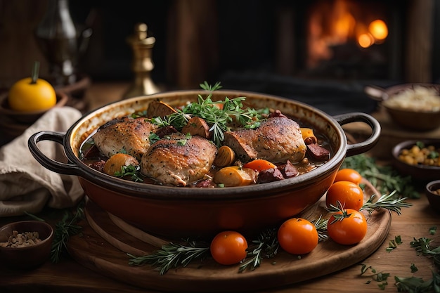 Un sabroso plato de coq au vin en un entorno rústico