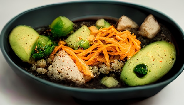 Sabroso poke bowl fresco con aguacate, quinua y verduras vista superior Generative Ai