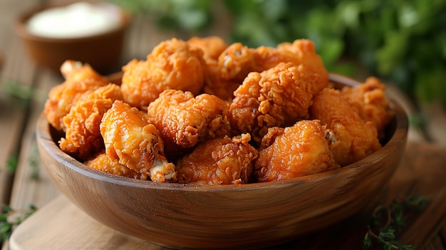 Sabroso pollo frito en un cuenco de madera en una mesa de madera