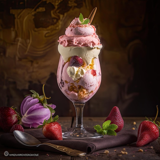 Sabroso postre de fresas sobre un fondo oscuro Fotografía publicitaria profesional Iluminación de estudio IA generativa