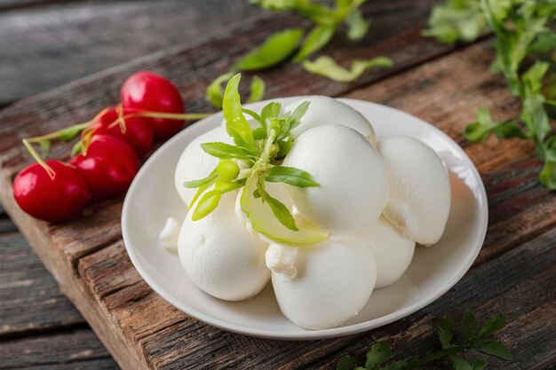 Sabroso queso mozzarella en una vieja mesa de madera