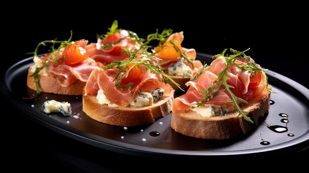 Sabroso tomate salado Jamón y aceitunas Aperitivos italianos o bruschetta