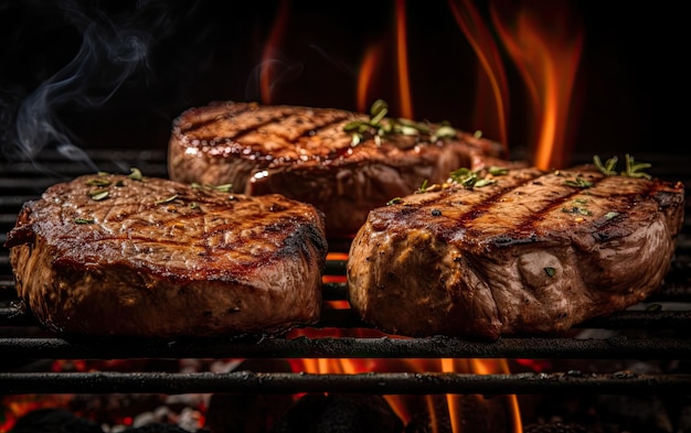 Sabrosos bistecs de carne asada cocinando a la parrilla con llamas