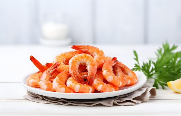 Sabrosos camarones cocidos, mariscos en un plato blanco sobre una mesa de madera blanca.