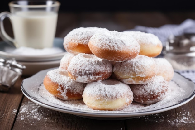 Sabrosos donuts de azúcar en polvo en la mesa